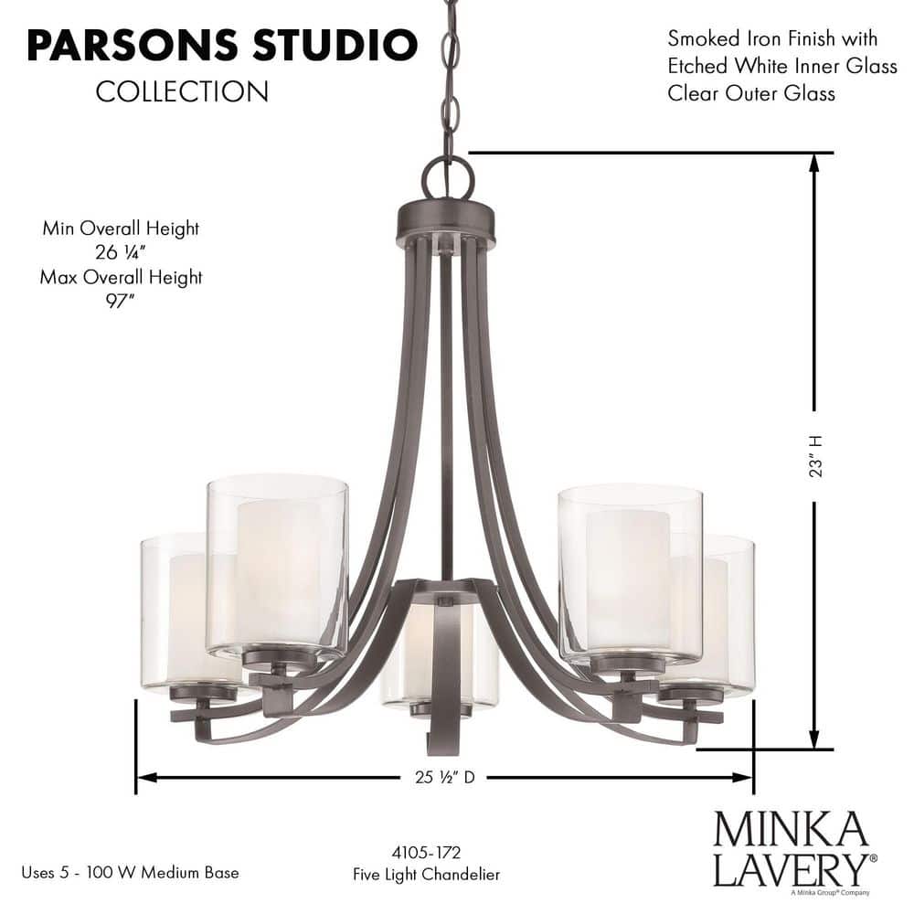 Parsons Studio 5-Light Chandelier in Smoked Iron with Etched White Glass