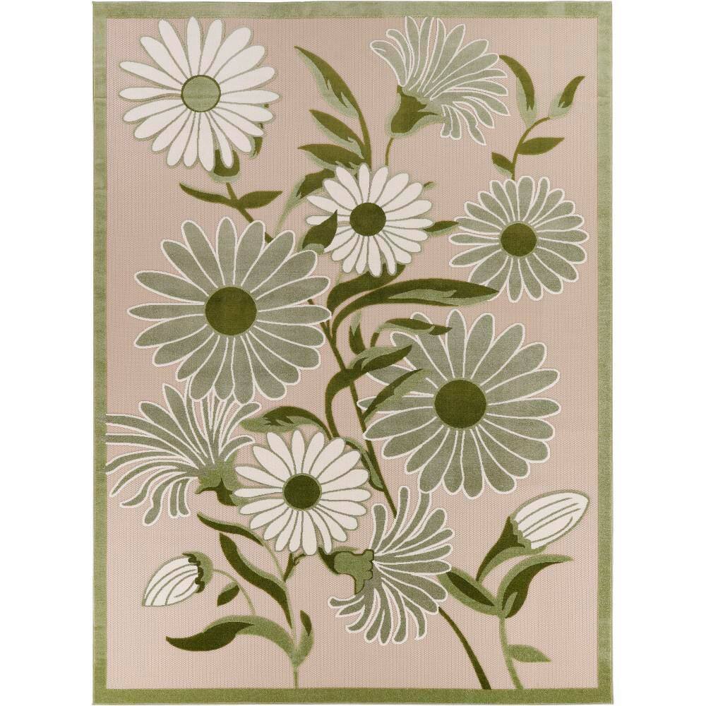 Ivory Green Floral Flatweave 9' x 12' Outdoor Rug