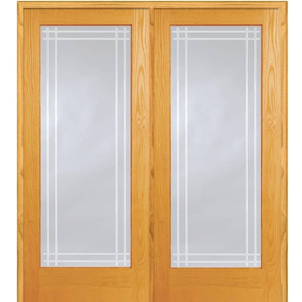 MMI Door 72 in. x 80 in. Unfinished Right-Hand Active Pine Wood Full Lite Clear Perimeter V-Groove Prehung Interior French Door
