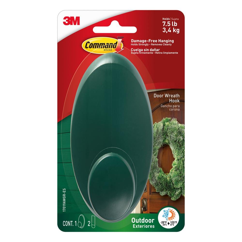 Command Large Green Outdoor Wreath Hook (1-Hook with 2-Adhesive Strips)  17019AWGR-ESBU - The Home Depot