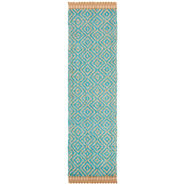 SAFAVIEH Natural Fiber Turquoise/Beige 2 ft. x 12 ft. Border Runner Rug