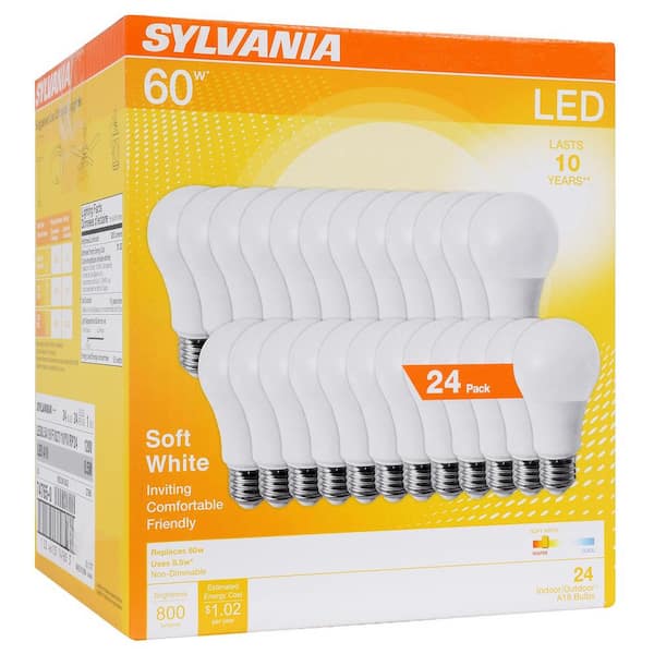 Stevig verdund Beeldhouwwerk Sylvania 8.5 Watt (60 Watt Equivalent) A19 LED Light Bulb in 2700K Soft  White Color Temperature (24-Pack) 74765 - The Home Depot