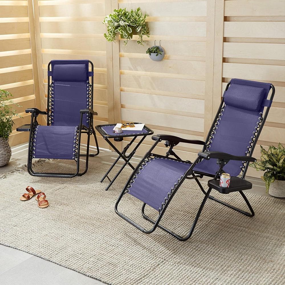 Adjustable Zero Gravity Folding Outdoor Lounge Chair with Side Table in Blu