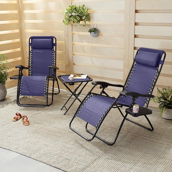 Unbranded Adjustable Zero Gravity Folding Outdoor Lounge Chair with Side Table in Blue Set of 2