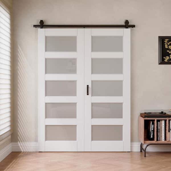 60 in. x 96 in. 5 Lite Tempered Frosted Glass White Primed MDF Bifold Sliding Barn Door with Black Finish Hardware Kit