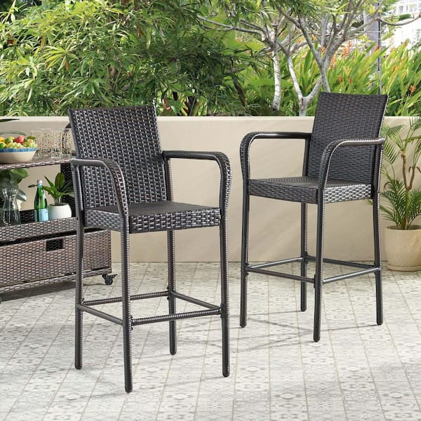 Unbranded Dark Brown Wicker Outdoor Bar Stool Patio Bar Height Chairs Pub Chair with Armrests and Footrests (2-Pack)