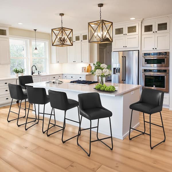 Mali 36 in. Black Metal Frame Faux Leather Counter Height Bar Stool with Premium Footrest and Non-Slip Footpads Set of 6