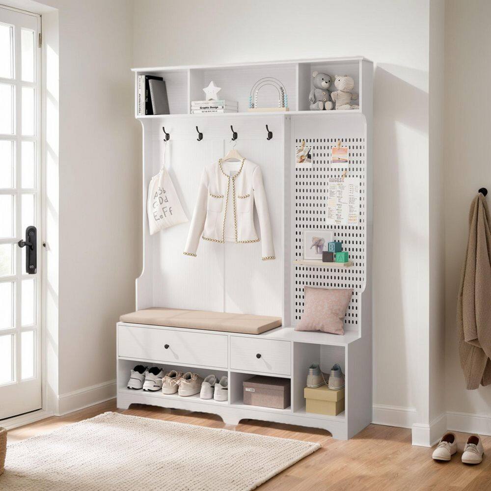 Reminia White Modern Hallway Hall Tree with Cushioned Bench, Drawers, Peg Board, Hooks, Shelves