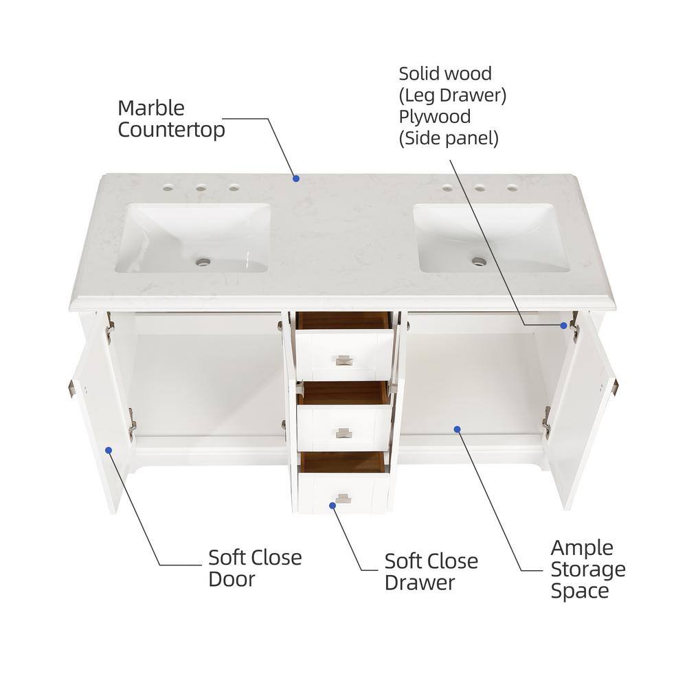 60'' White Double Freestanding Bathroom Vanity with Marble Top