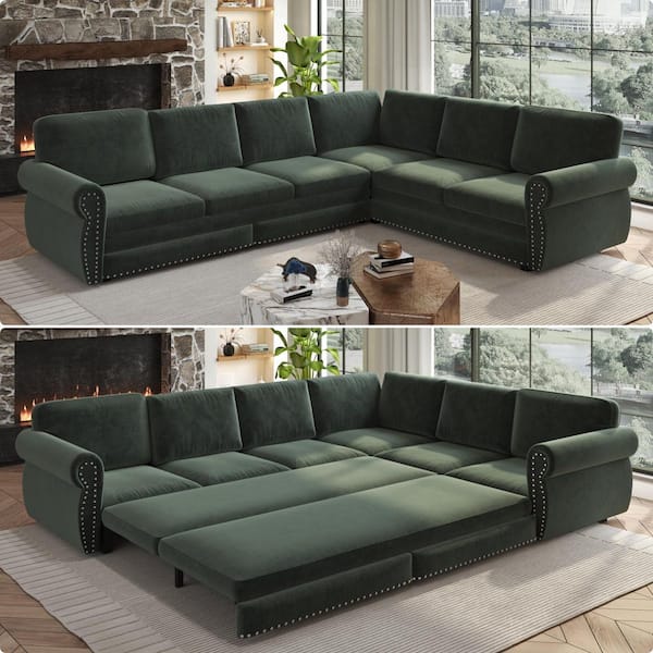 Oversize Convertible 118 in. Chenille Sectional Sofa in. Green with Nail head Trim, Pull-out Sofa Sleeper