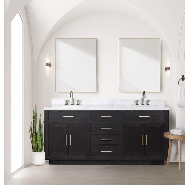 Lexora Condor 72 in W x 22 in D Black Oak Double Bath Vanity, Carrara Marble Top, and Faucet Set