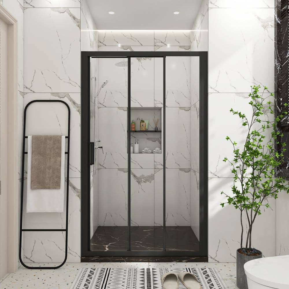 48 in. W x 70 in. H Sliding Semi-Frameless Shower Door in Matte Black Finis