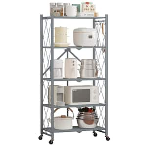 5-Tier Grey Foldable Metal Rack Storage Shelving Unit, Kitchen Shelf with Wheels