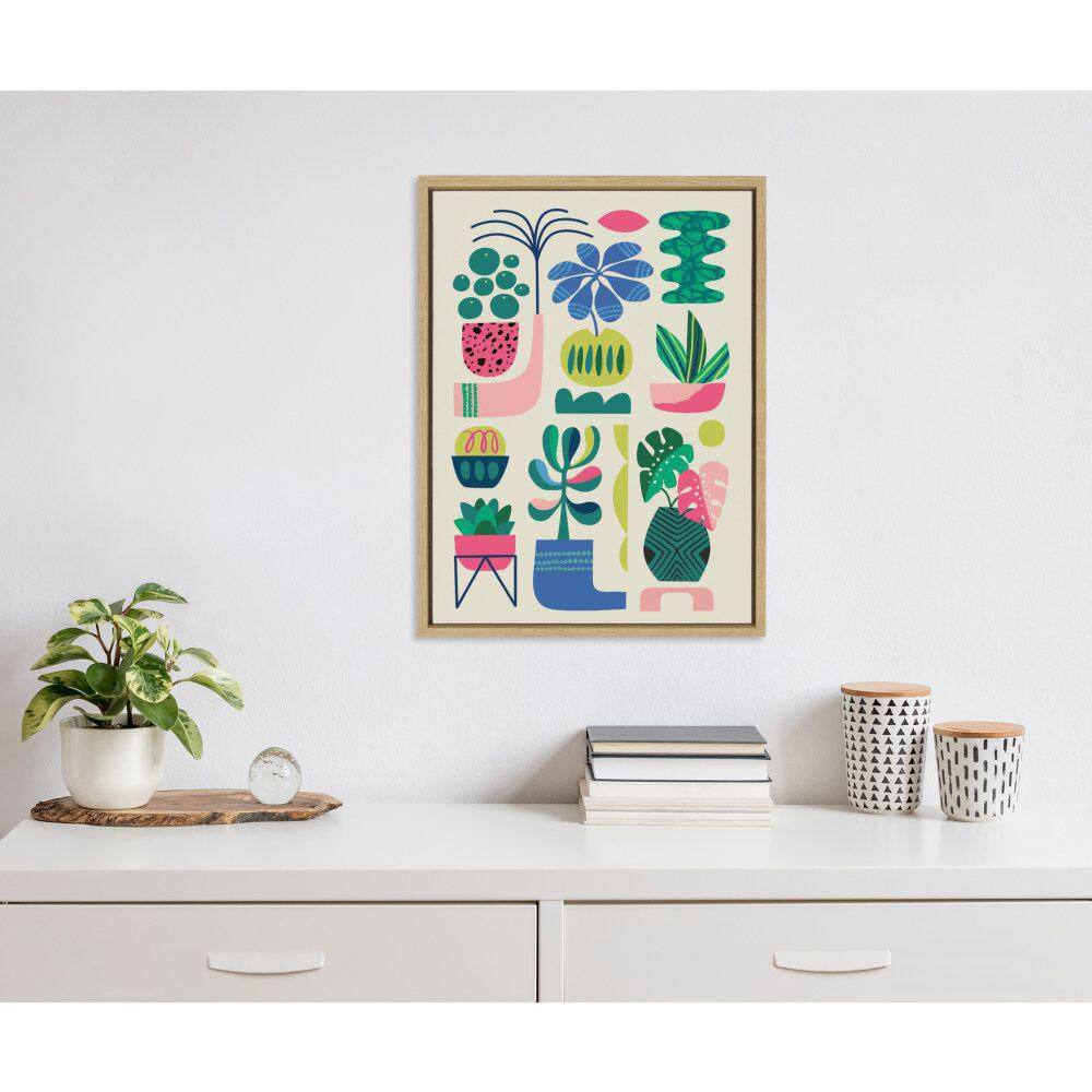 Colorful Mid-Century Modern Botanical Canvas Print with Natural Frame