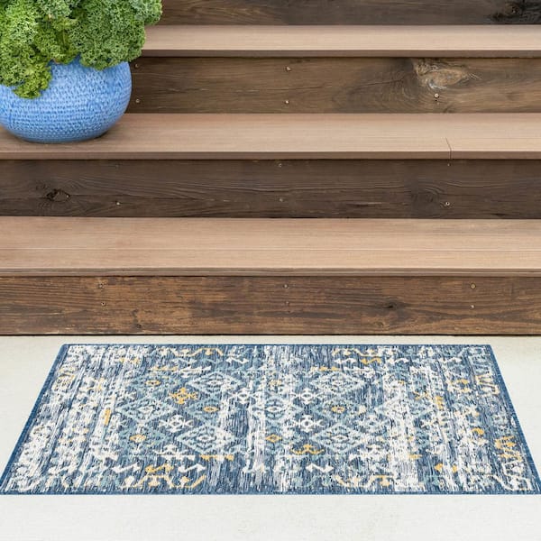 Flora Navy 2 ft. x 3 ft. Moroccan Indoor/Outdoor Area Rug