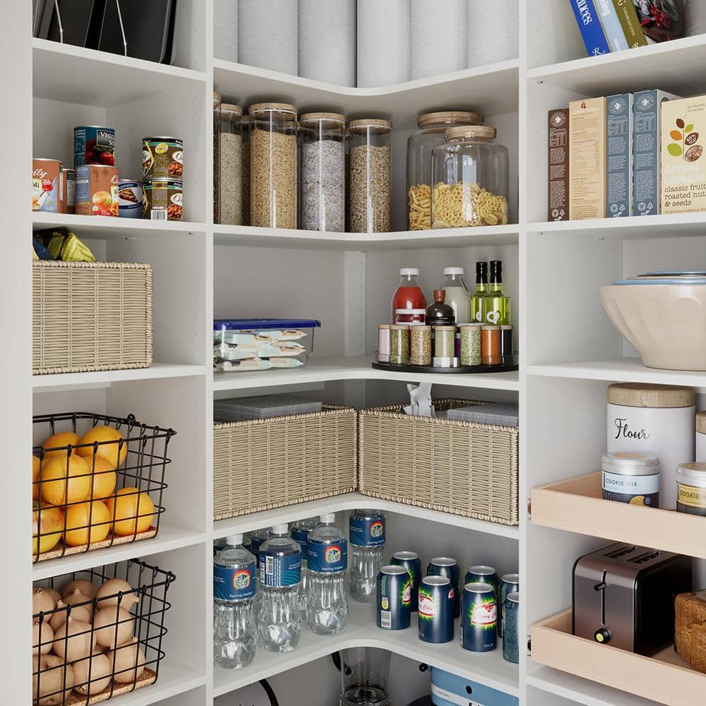 White Corner Pantry Storage System with Maple Drawers