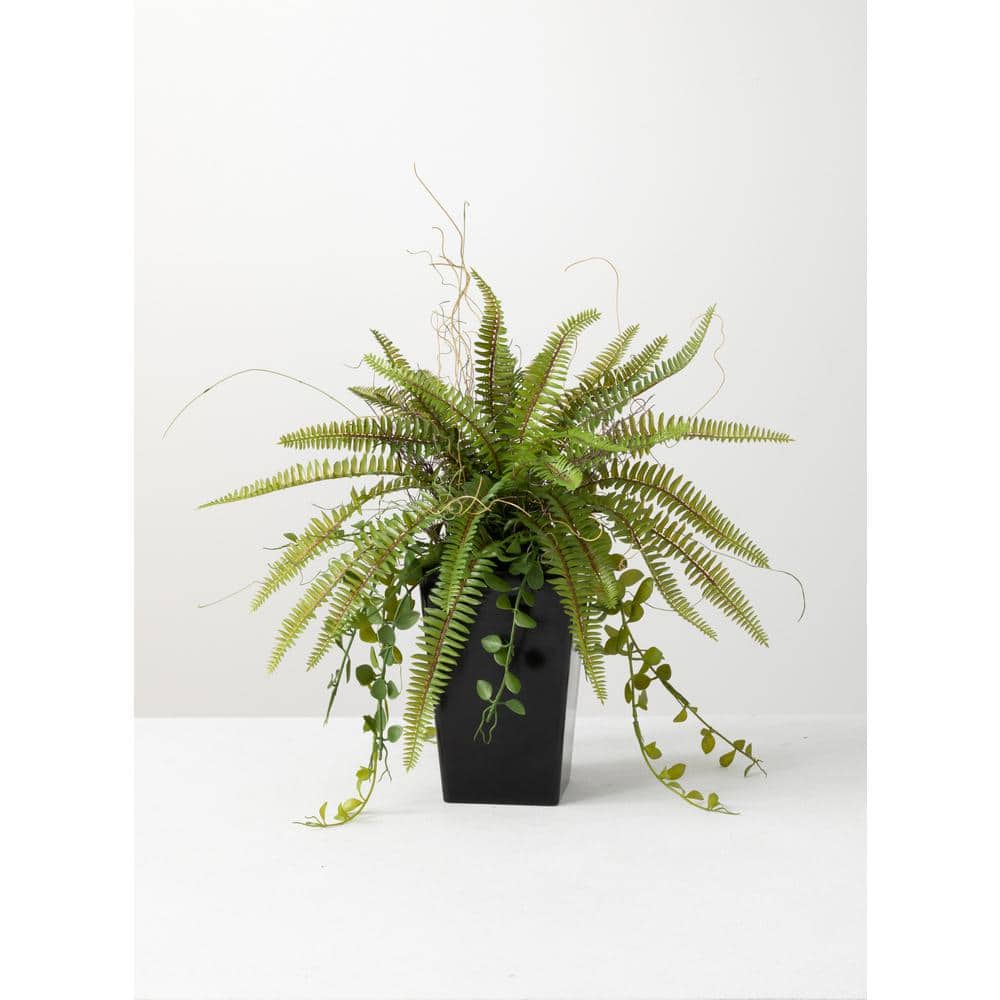 Outdoor Green Plastic Fern in Black Pot