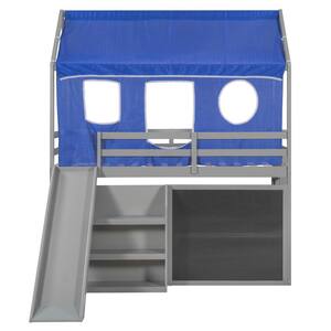 Gray Playhouse Design Twin Over Twin Bunk Bed with Blue Detachable Tent and Slide, House Bunk Bed Frame with Blackboard
