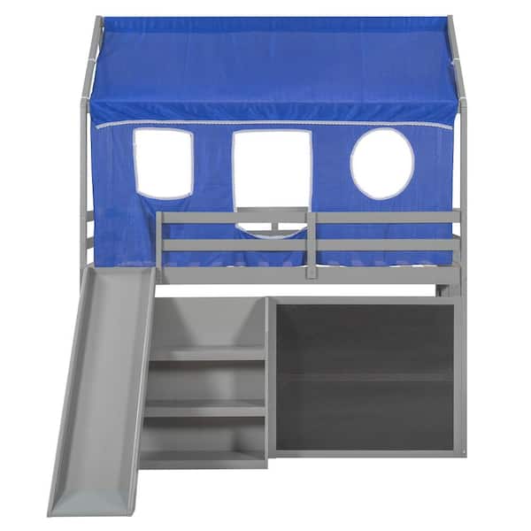 URTR Gray Playhouse Design Twin Over Twin Bunk Bed with Blue Detachable Tent and Slide, House Bunk Bed Frame with Blackboard