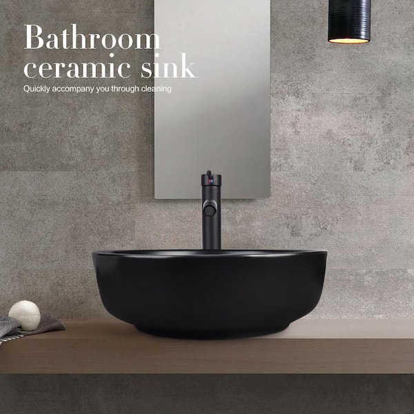 Puluomis Black Ceramic Round Vessel Sink with Black Faucet Pop up Drain Set