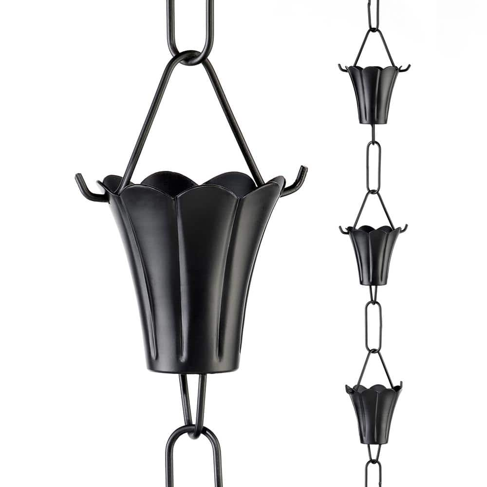 Good Directions Fluted Flower Black Aluminum 8.5 ft. Rain Chain with ...