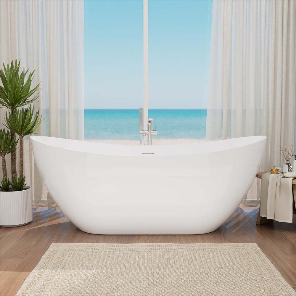 67 in. Double Slipper Acrylic Freestanding Flatbottom Bathtub with Polished Chrome Drain Soaking Tub in White price history on PriceWatchPro