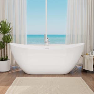 67 in. Double Slipper Acrylic Freestanding Flatbottom Bathtub with Polished Chrome Drain Soaking Tub in White