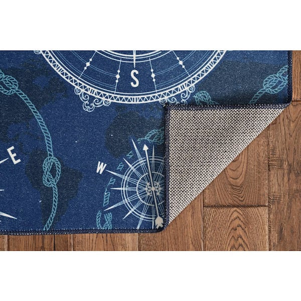 Washable Nautical Blue/Ivory 5 ft. x 7 ft. Rectangle Abstract Area Rug