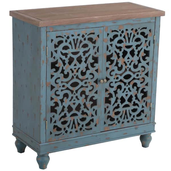 PHI VILLA Hollow-Carved Blue Rustic 2-Door Distressed Accent Storage Cabinet