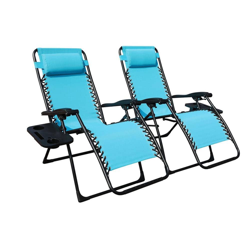 Black Aluminum Outdoor Folding Lawn Chaise Lounge with Aqua Blue Cushions a