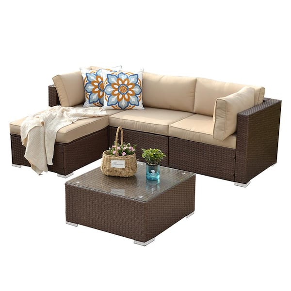 Sunvivi Brown 5 Piece All Weather Pe Wicker Outdoor Sectional Sofa Set Conversation With Glass Table And Beige Cushions Ys002 B F Pe Wicker Outdoor Sectional Sofa Set, All Weather Wicker Sectional Sofa
