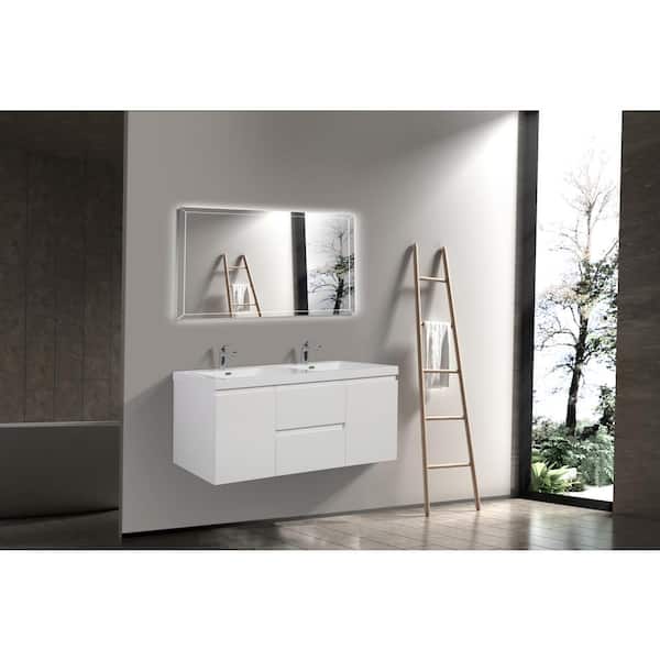 58.74 in. W Double Sinks Wall-Mounted Glossy White Bath Vanity With White Resin Top Unassembled