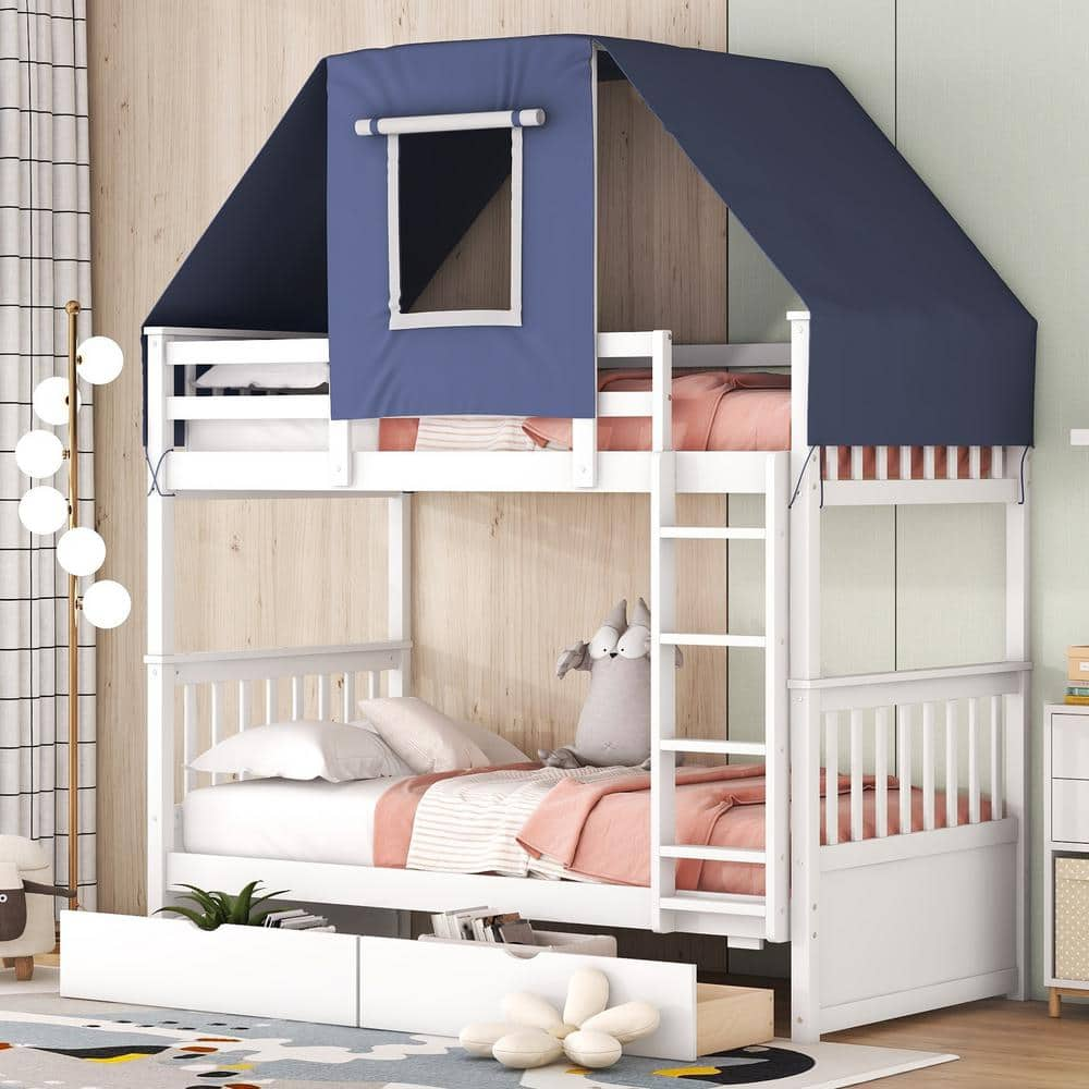 Harper & Bright Designs Detachable White Twin over Twin Wood Bunk Bed with  Blue Tent, 2-Drawer and Built-in Ladder QMY230AAC - The Home Depot