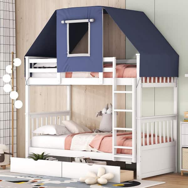 Harper & Bright Designs Detachable White Twin over Twin Wood Bunk Bed with Blue Tent, 2-Drawer and Built-in Ladder