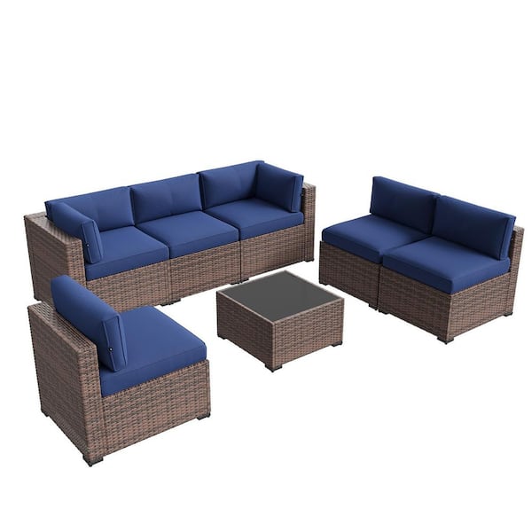 Sizzim Brown 7-Piece Wicker Rattan Outdoor Sectional Set with Blue Cushions, Coffee Table and Set Cover