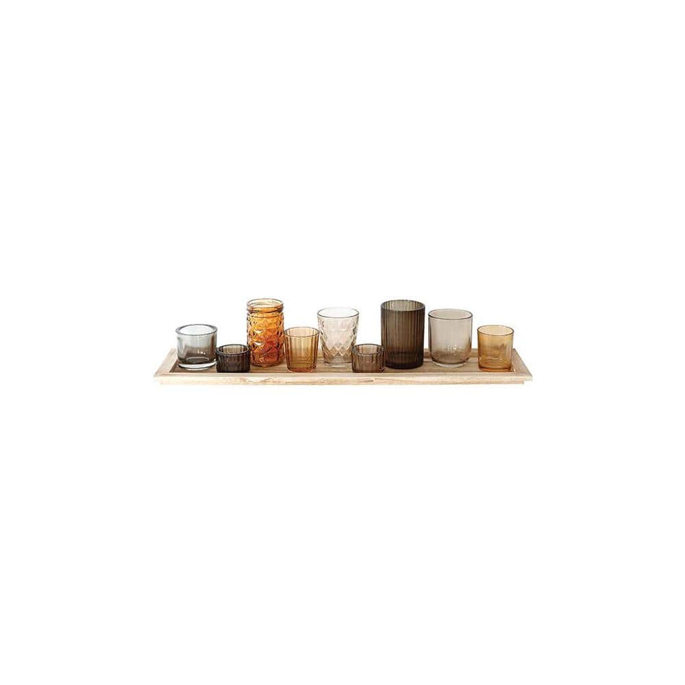 Brown Wood Tray with 9 Glass Votive Holders