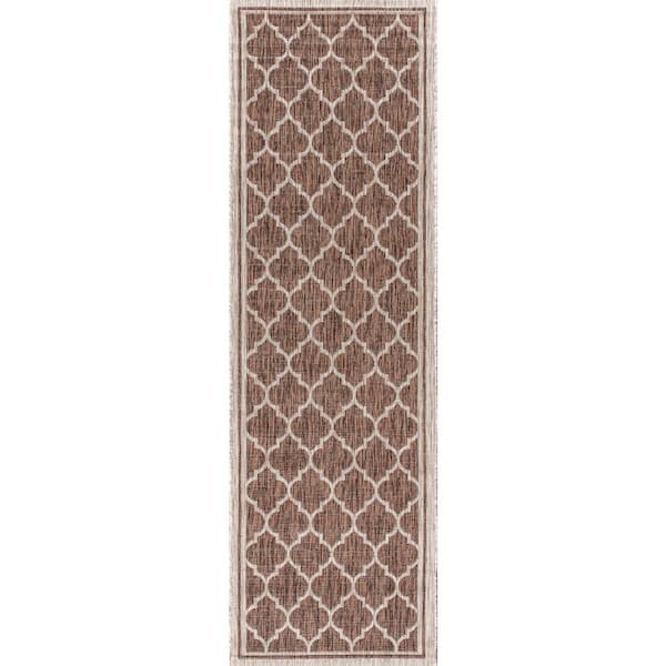 Espresso/Taupe 2 ft. x 14 ft. Runner Trebol Moroccan Trellis Textured Weave Indoor/Outdoor Area Rug
