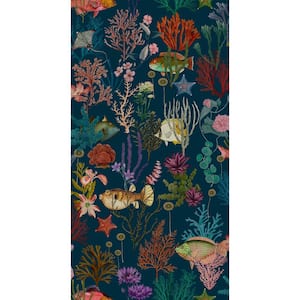 Navy Ocean with Fishes and Corals Print Non-Woven Non-Pasted Textured Wallpaper 57 Sq. Ft.