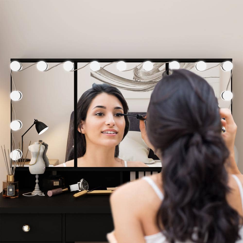 Black Modern Makeup Vanity Desk 9-Drawers Wood Dressing Table With 3-Mirrors, Hidden Storage Shelves, LED Bulb Lights - thumbnail 6