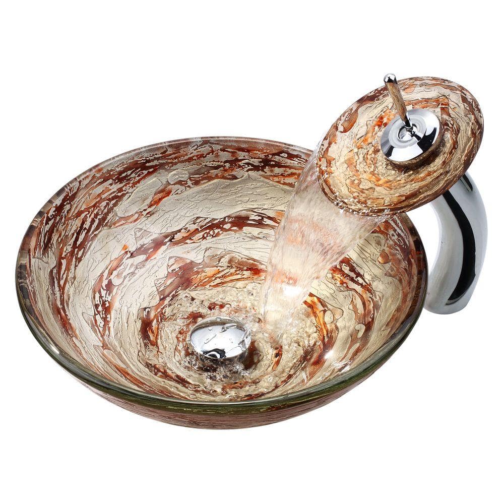 Copper and Gold Glass Round Vessel Sink with Chrome Waterfall Faucet