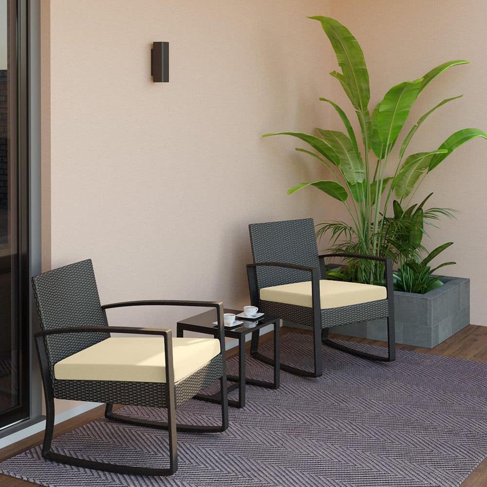 3 Pieces Patio Furniture Set Rattan Rocking Bistro Set Outdoor with Coffee Table for Garden, Beige