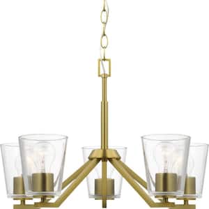 Vertex Collection 5-Light Brushed Gold Clear Glass Contemporary Chandelier