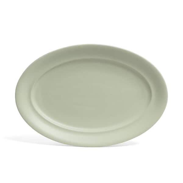 Rimmed 16 in. Semi-Matte Sage Green Hand-Finished Stoneware Oval Serving Platter