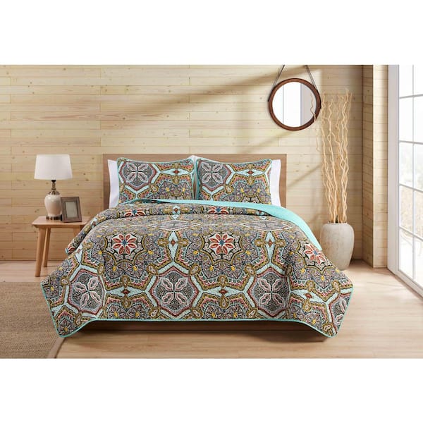VCNY Home Yara 3 Piece Reversible Multicolor Medallion Microfiber King Quilt Set