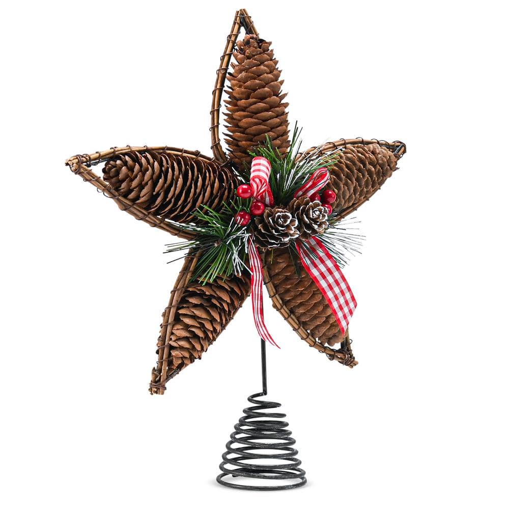Rustic Rattan Pinecone Star Tree Topper with Holly and Berries