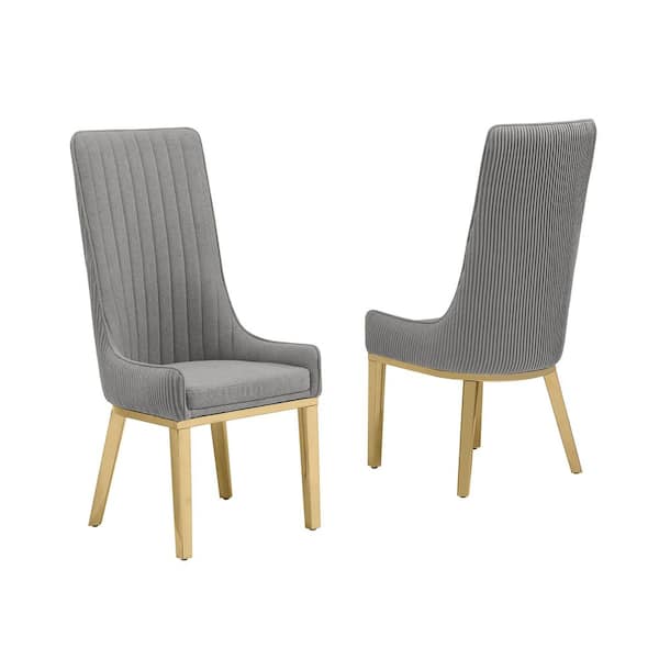 Best Quality Furniture Corina Dark Grey Teddy Fabric Side Chair Set of 2 with Gold Stainless Steel Legs
