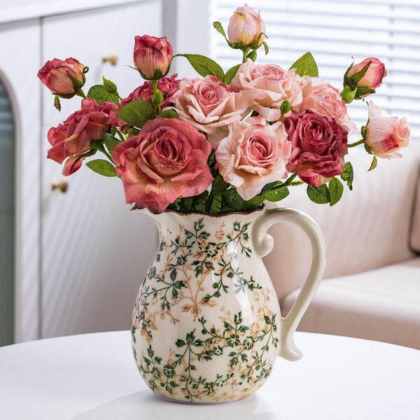 vaseman 花器 8 in. Beige Ceramic Chinoiserie Floral Pitcher Vase, Rustic