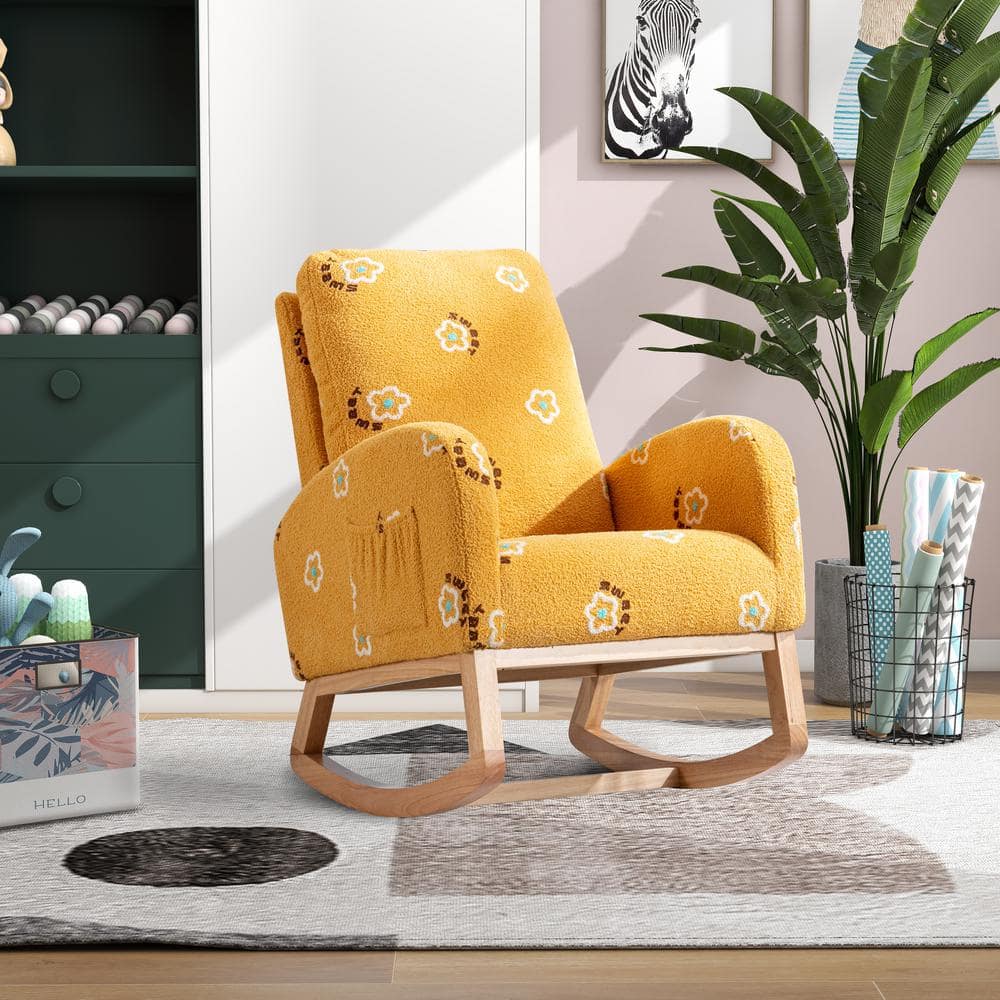 Plins Mustard Modern Upholstered Boucle Rocking Accent Chair with Side Pocket, Star Design