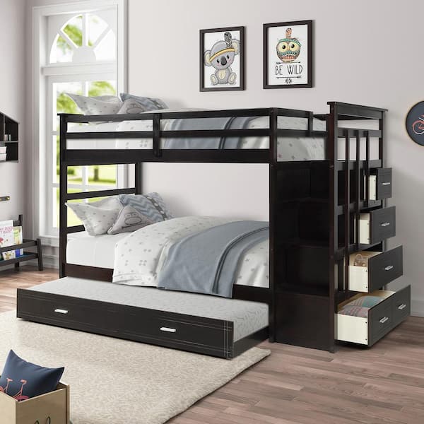 Polibi Natural Espresso Finish Solid Wood Bunk Bed, Hardwood Twin Over Twin Bunk Bed with Trundle and Staircase