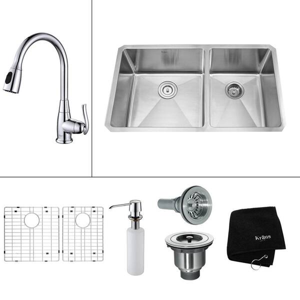 KRAUS All-in-One Undermount Stainless Steel 33 in. 60/40 Double Basin Kitchen Sink with Faucet and Accessories in Chrome